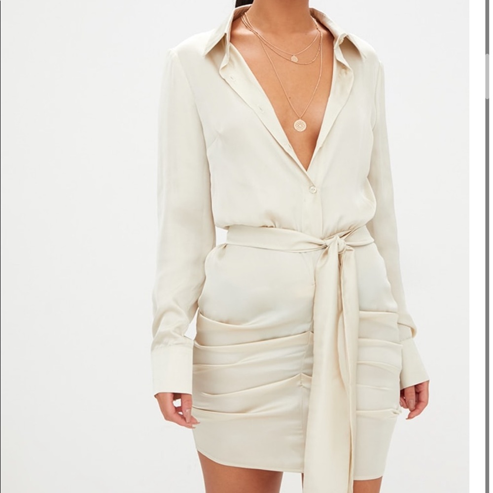 Champagne Satin Ruched Shirt Dress